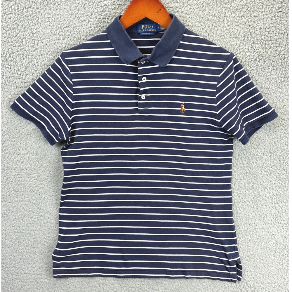 Polo Ralph Lauren Custom Slim Fit Polo Shirt Mens M Blue Striped Preppy Golf